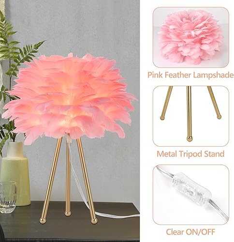Miniatura 3 de Capslpad Lámpara de mesa con trípode de plumas, lámpara de noche moderna rosa de 15.3 pulgadas, lámpara de mesita de noche con acabado dorado para
