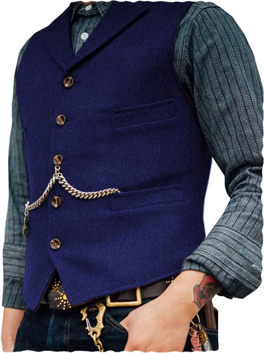 Vintage Men Vest Slim Fit Tweed Wool Herringbone Business Waistcoat for Wedding Groomsmen
