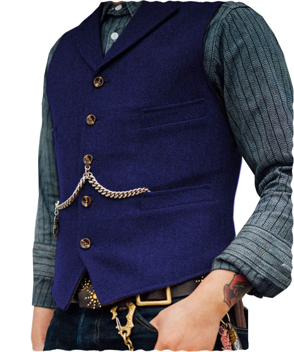 Ceehuteey Mens Suit Vest Waistcoat Tweed Retro V Neck Wool Herringbone for Prom, Royal Blue, XXXL