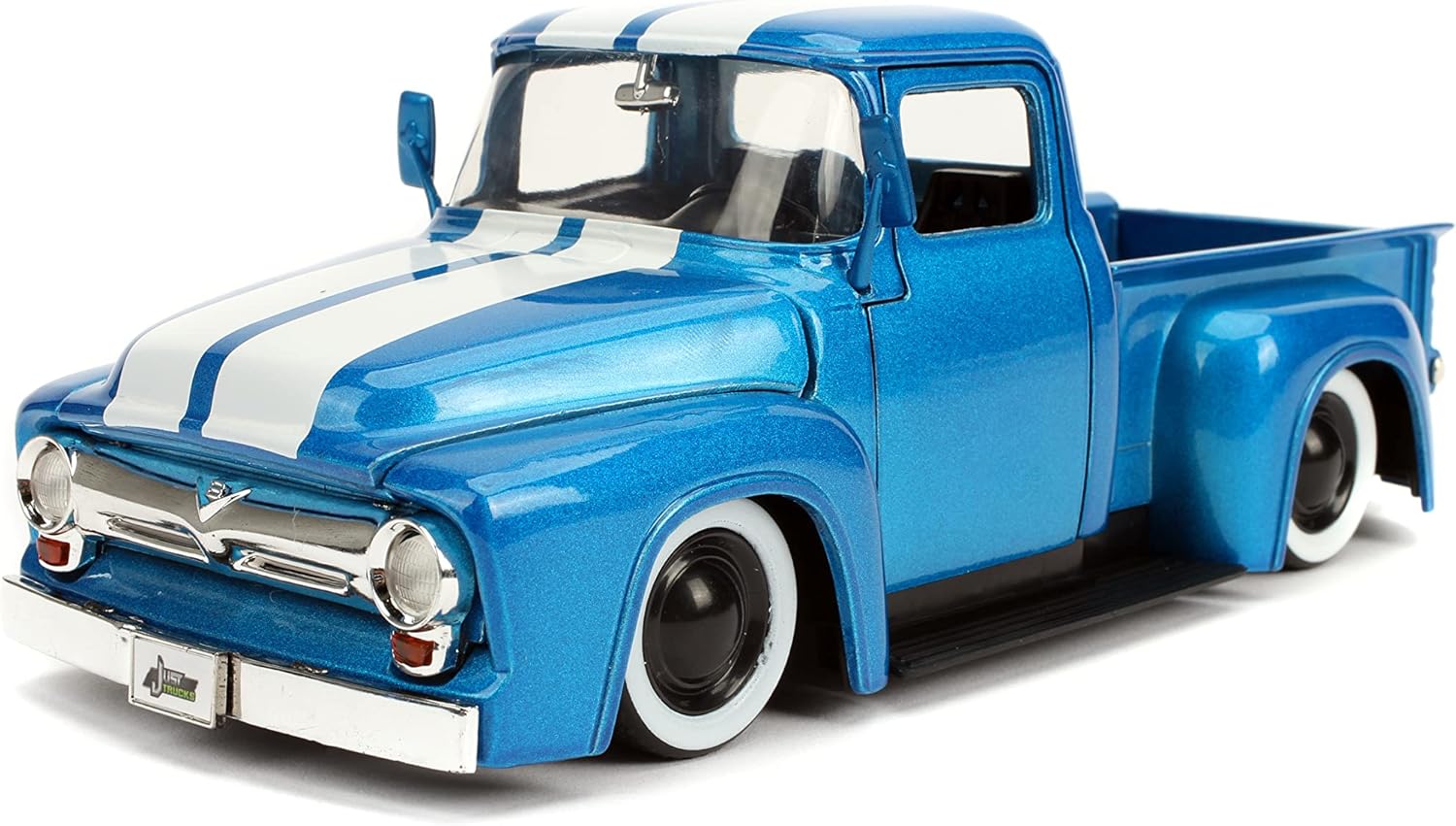 Jada Just Trucks 1:24 1956 Ford F-100 Die-cast Car Blue/White Stripes with Tire Rack, Toys for Kids and Adults