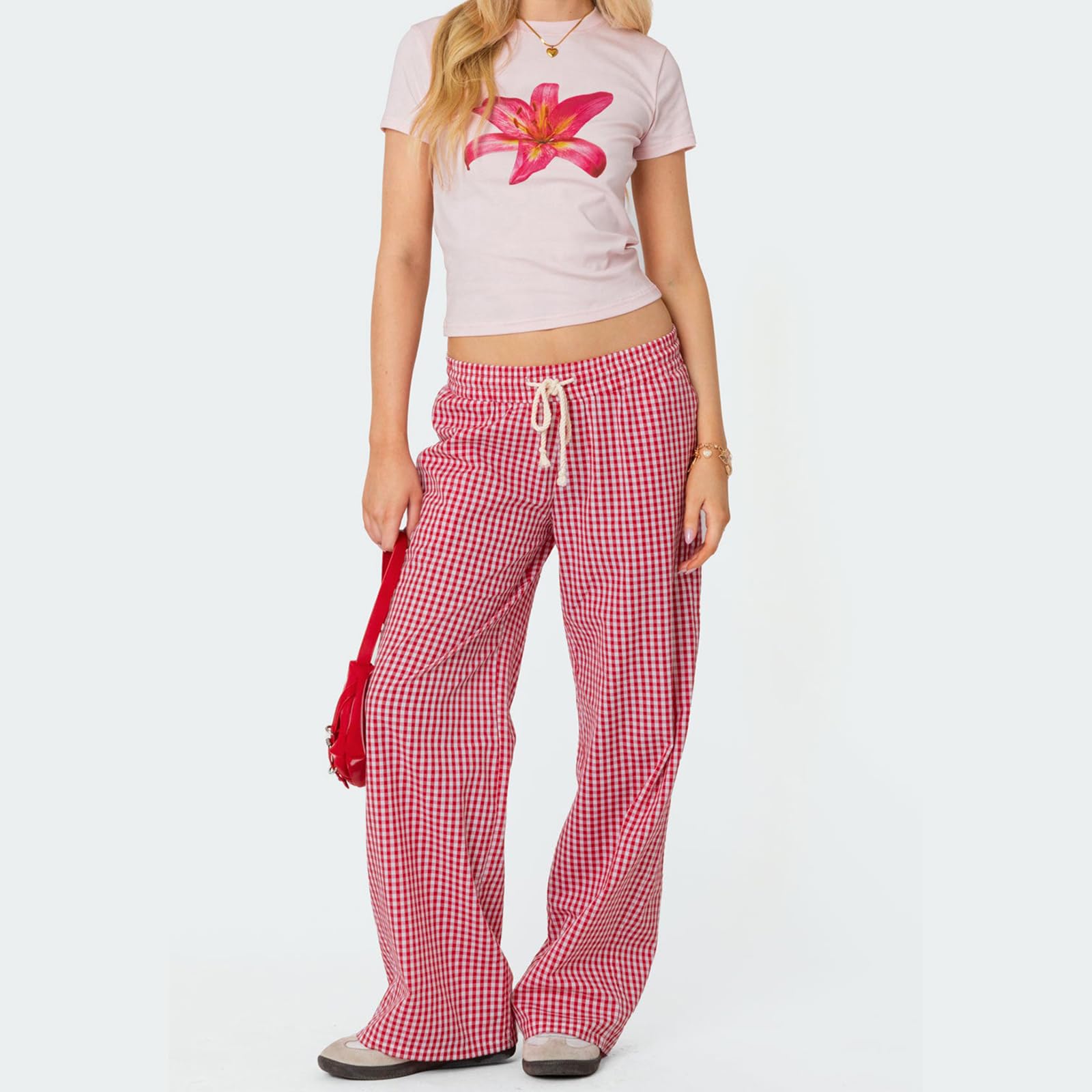 Sexy Outfit Pantalon de Salon à Jambes Larges pour Femmes, Confortable, Taille élastique, Baggy, à Carreaux, Palazzo, Ample, Cordon de Serrage, avec Poche