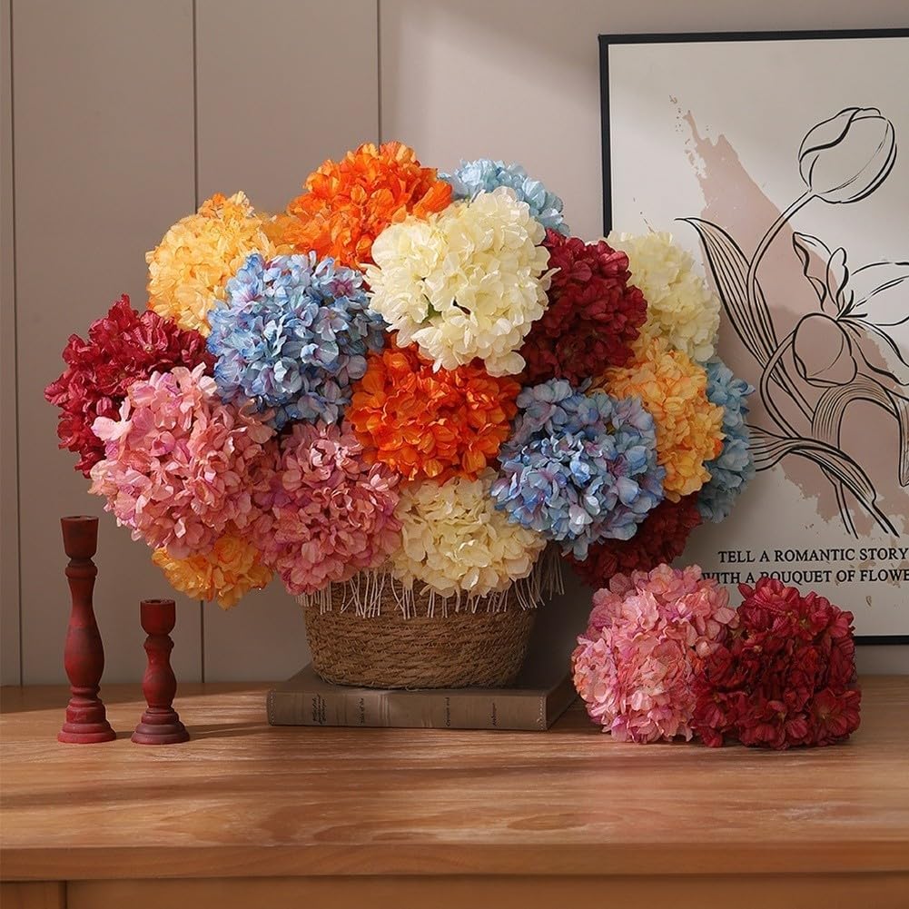 Bouquet di ortensie artificiali in seta con bordo bruciato, fiori finti realistici per composizioni di vasi per la casa, centrotavola per matrimoni e decorazioni per feste, blu (arancione)