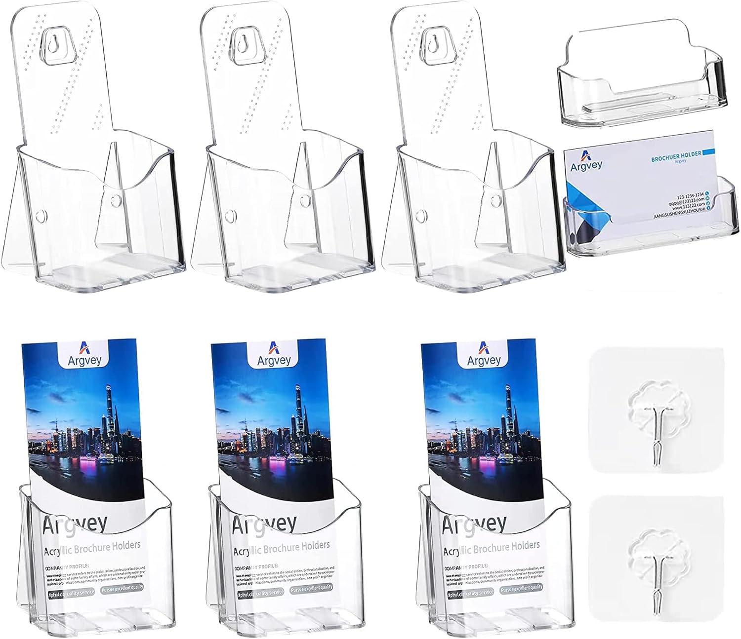 6Pcs Acrylic Brochure Holder with 2 Business Card Holder, Plastic Trifold 4 Inches Wide Pamphlet Holder Wall Mount/Countertop Organizer for Display Flyer, Booklet, Document, Literature