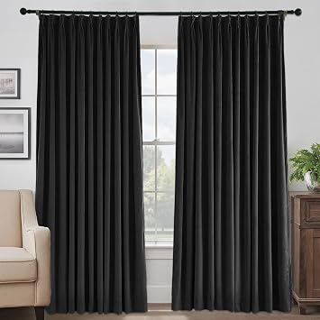 Luxury Velvet Pleated Curtain 90 inches Long, Thermal Insulated Pinch Pleated Window Panels for Patio Sliding Glass Door, 60W x 90L, Black, 1 Panel