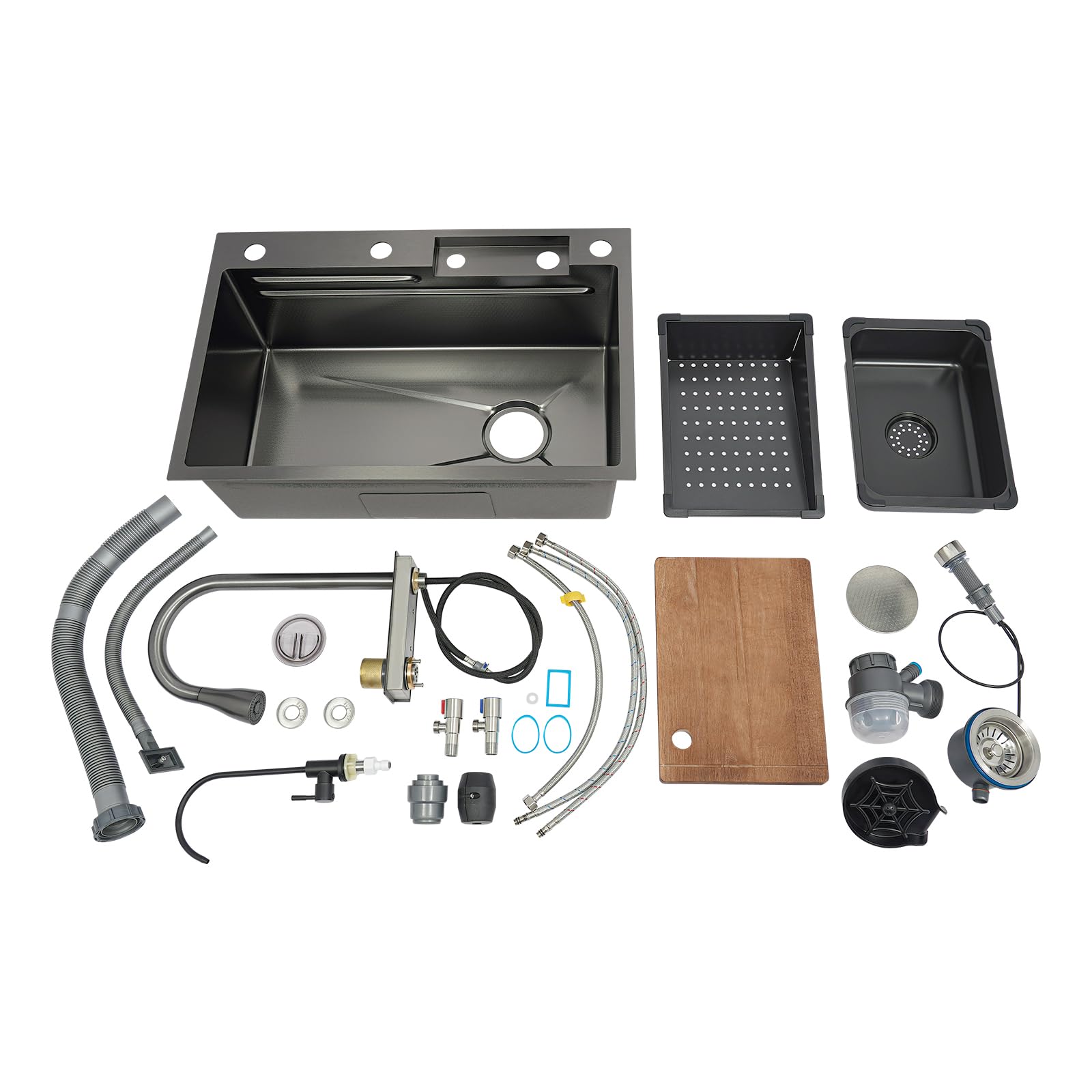 Fregadero de cocina negro de acero inoxidable, 68 x 45 x 21 cm, lavabo de cocina con grifo extraíble, tabla de cortar, limpiador de cristales, estación de trabajo para bar, restaurante, etc