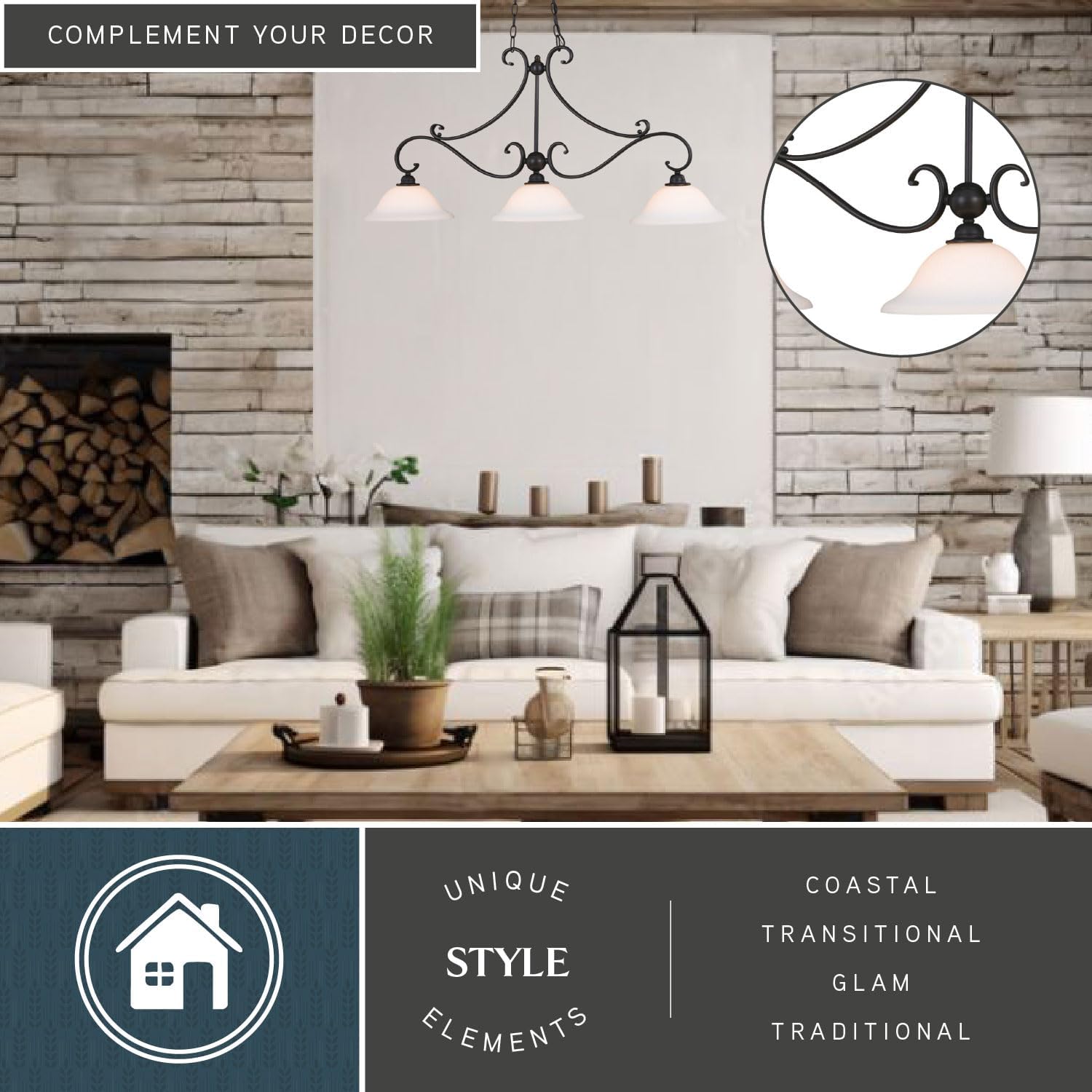 VAXCEL Monrovia 43.75-in Oil Rubbed Bronze 3-Light Linear Chandelier, Hanging Ceiling Island Pendant with White Glass