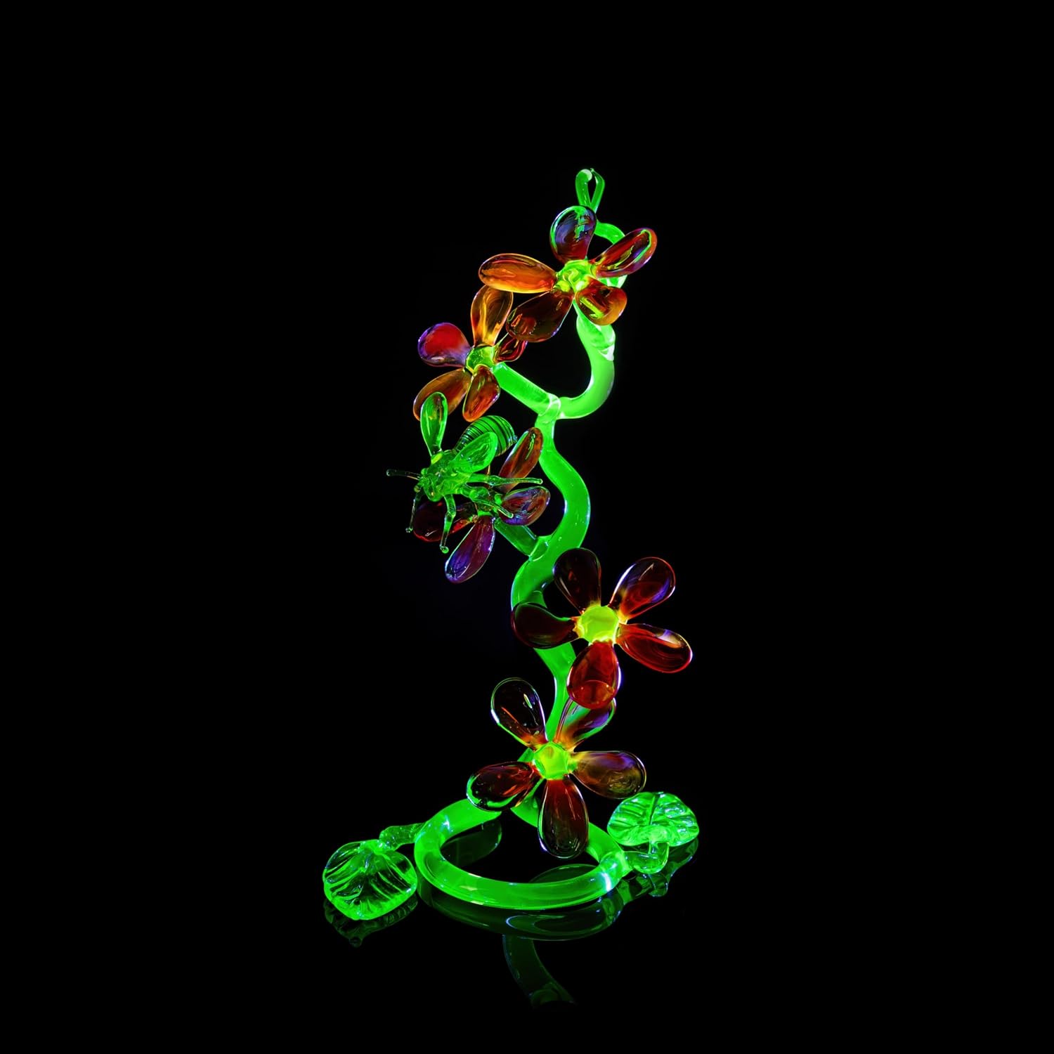 Handmade UV Glass Flower Sculpture with Bee Glows Under UV Light Lampwork Floral Art Figurine – Neon Green Amber Decorative Glass Art Collectible image 3