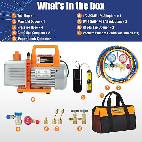 Miniatura 2 de BACOENG Juego de bomba de vacío y medidor de CA de 4.5CFM, kit de bomba de vacío HVAC de 4 vías con detector de fugas para refrigerantes R134a R22