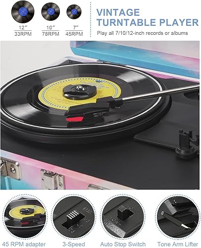 Miniatura 9 de Tocadiscos de vinilo de acuarela con control de agudos y graves, tocadiscos portátiles vintage de 3 velocidades con Bluetooth con altavoces