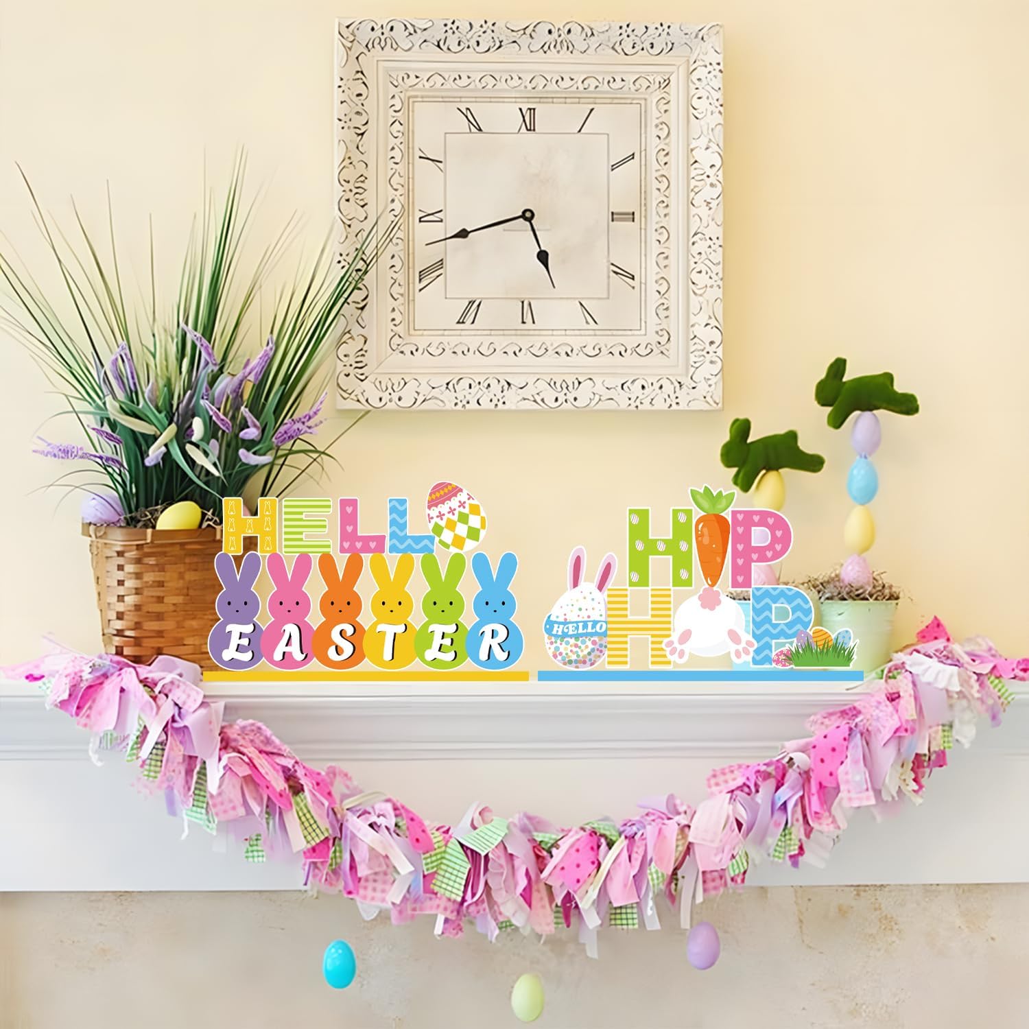 4Pcs Easter Decorations Wooden Table Centerpiece Happy Easter Table Decorations Bunny Colorful Egg Carrot Truck Tabletop Tiered Tray Decor for Home Office Party Decor Supplies