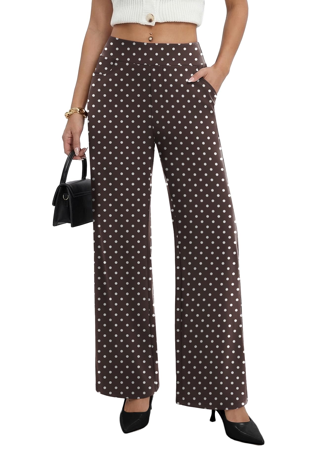 Photo 1 of Sampeel Palazzo Pants for Women Wide Leg Dress Work Pants Chocolate Brown Fashion Clothing Comfy Trousers Flowy Slacks for Women Polka Dot L