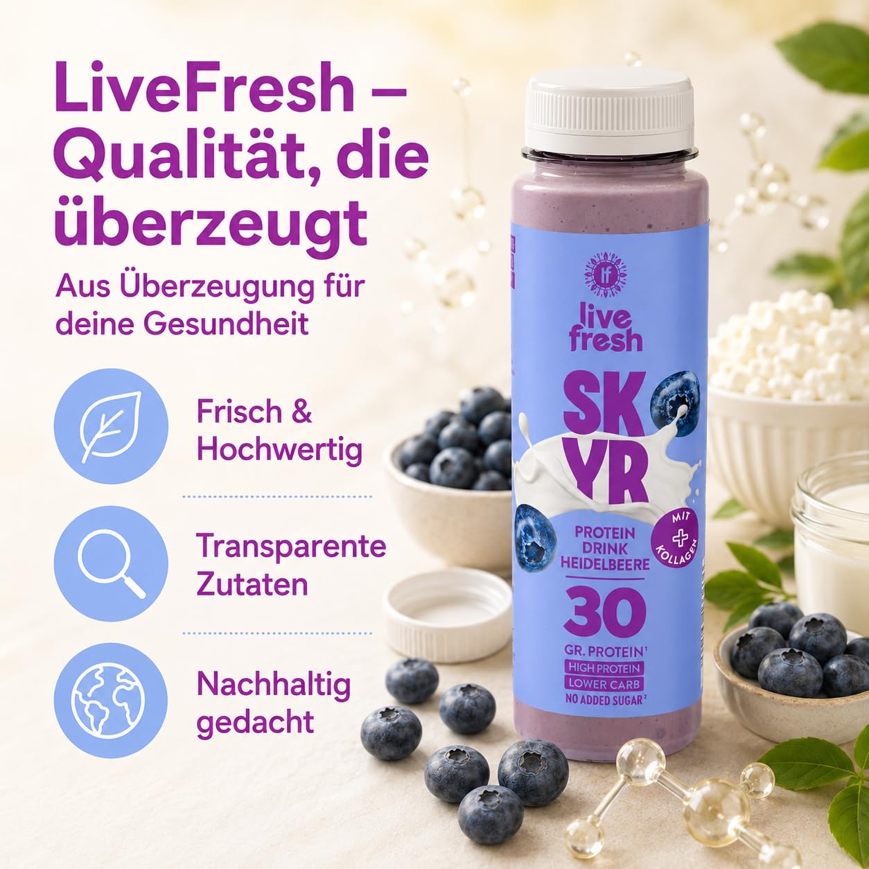LiveFresh Skyr Drink Probierpaket 30g Protein Kollagen Kalorienarm Ohne Zuckerzusatz 24x250ml