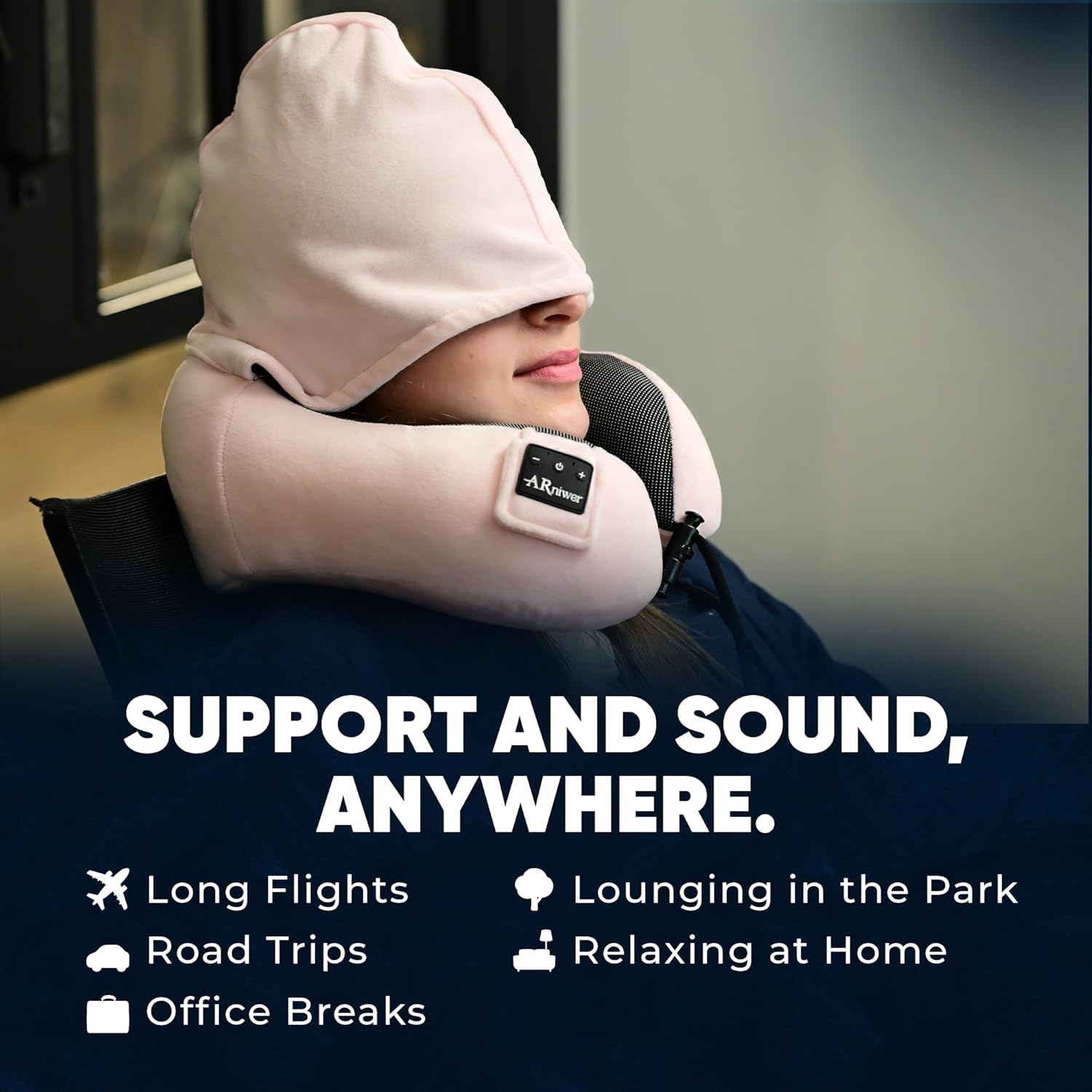 Bluetooth Music Semicircular Neck Pillow with Hood Wireless Bluetooth Speaker Suitable Airplane,Car,Office,and Outdoor Camping for Sleeping, Resting The Best Travel Essentials. (Pink) - Image 3