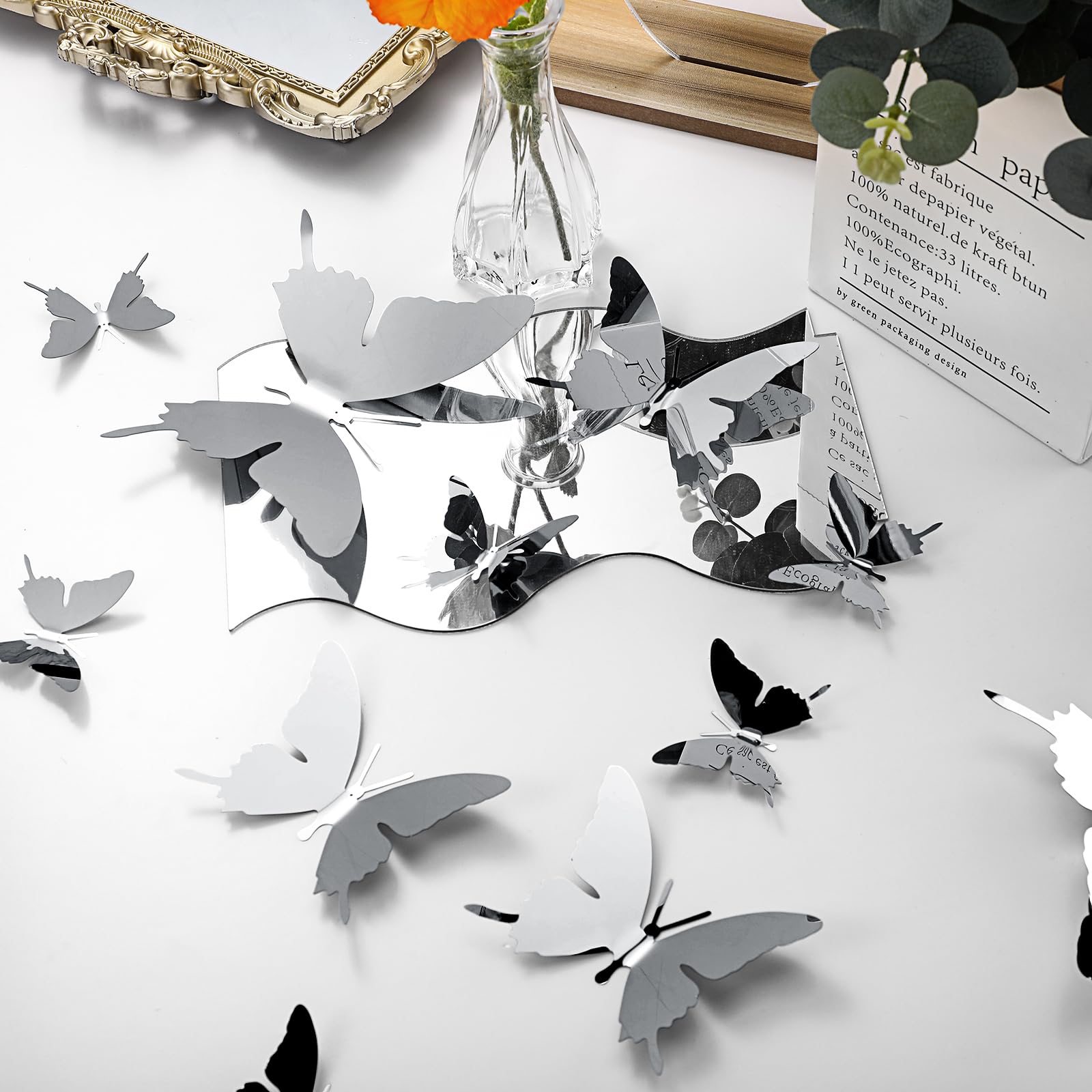 Ferraycle 24 decoraciones de mariposa de metal, mariposa voladora 3D para techo, bonita decoración artística de bricolaje para centro comercial, dormitorio, hogar, sala de estar, ventana, 2.36