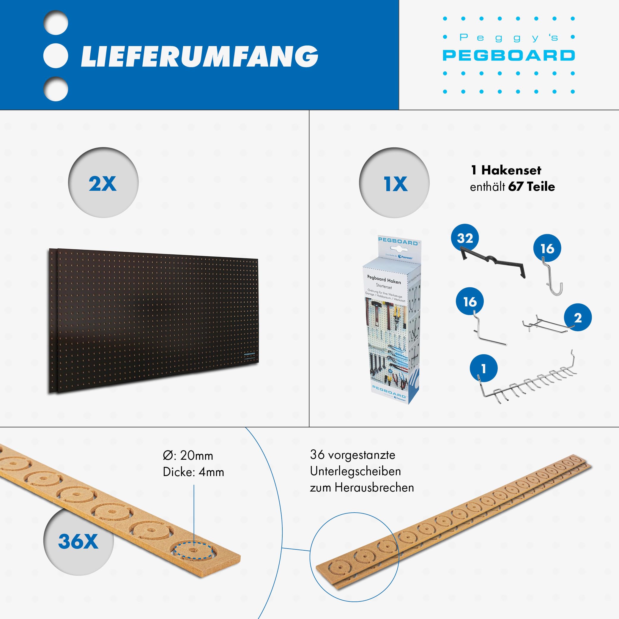 Pegboard 2x Werkzeugwand aus Holz (MDF) inkl. 67-teiligem Hakenset - 120x60x0,5cm schwarz/braun, Ø7mm Löcher & 25,4mm Lochabstand - für Werkstatt und mehr - FSC-zertifiziert & Made in Germany