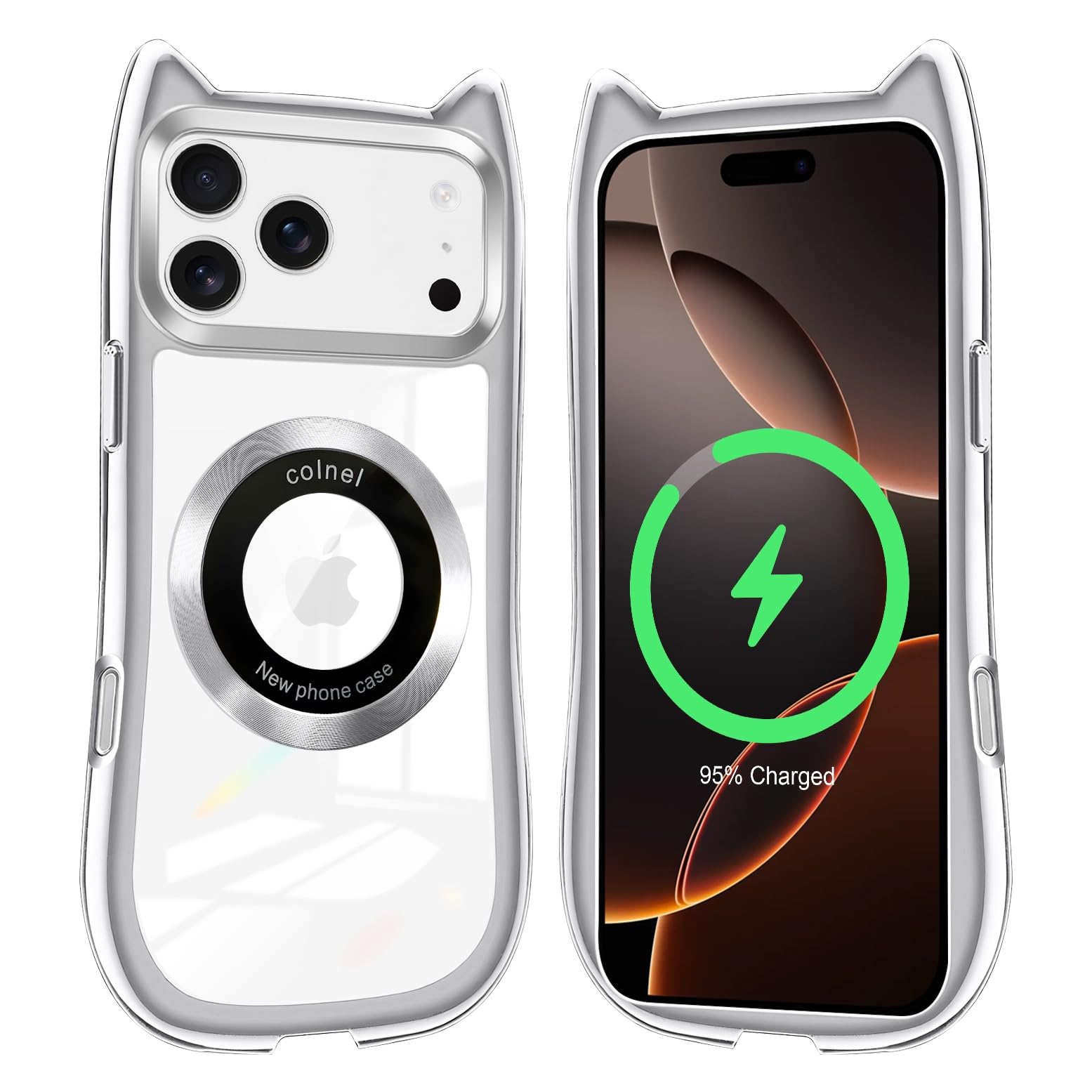 iPhone 17 Pro ケース クリア 専用 猫耳 アイフォン17 pro スマホケース 猫耳デザインかわいい MagSafe対応 いphone 17 pro カバー 耐衝撃 韓国 iphone 17 pro カバー 多機能 マグネット搭載 車載対応 軍MIL規格取得 全面保護 落下防止（シルバー）