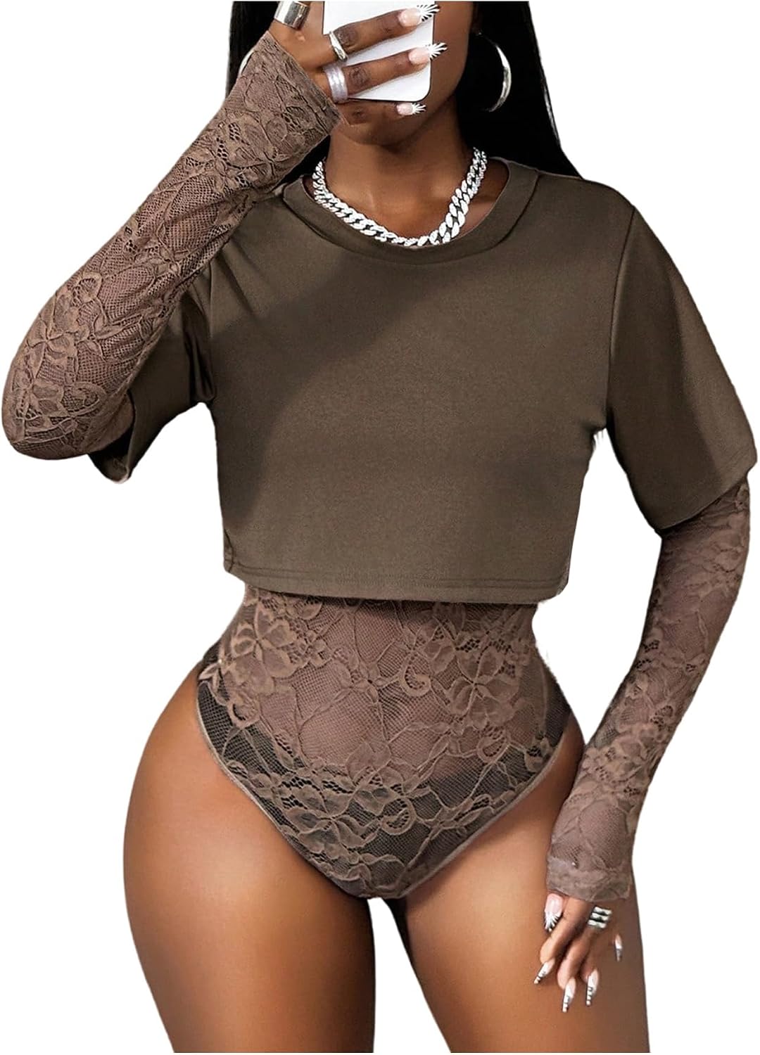 MakeMeChic Women's Floral Lace Bodysuit Long Sleeve Crew Neck Sheer Leotard Tee Tops
