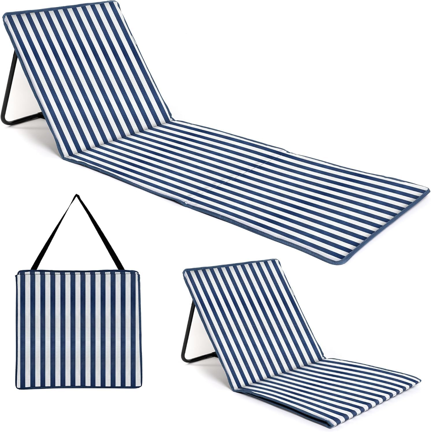 just be... Foldable Beach Mat with Adjustable Backrest – Lightweight Portable Sun Lounger with Zipped Pocket & Shoulder Strap for Beach, Garden, Camping and Festivals | Blue Stripes