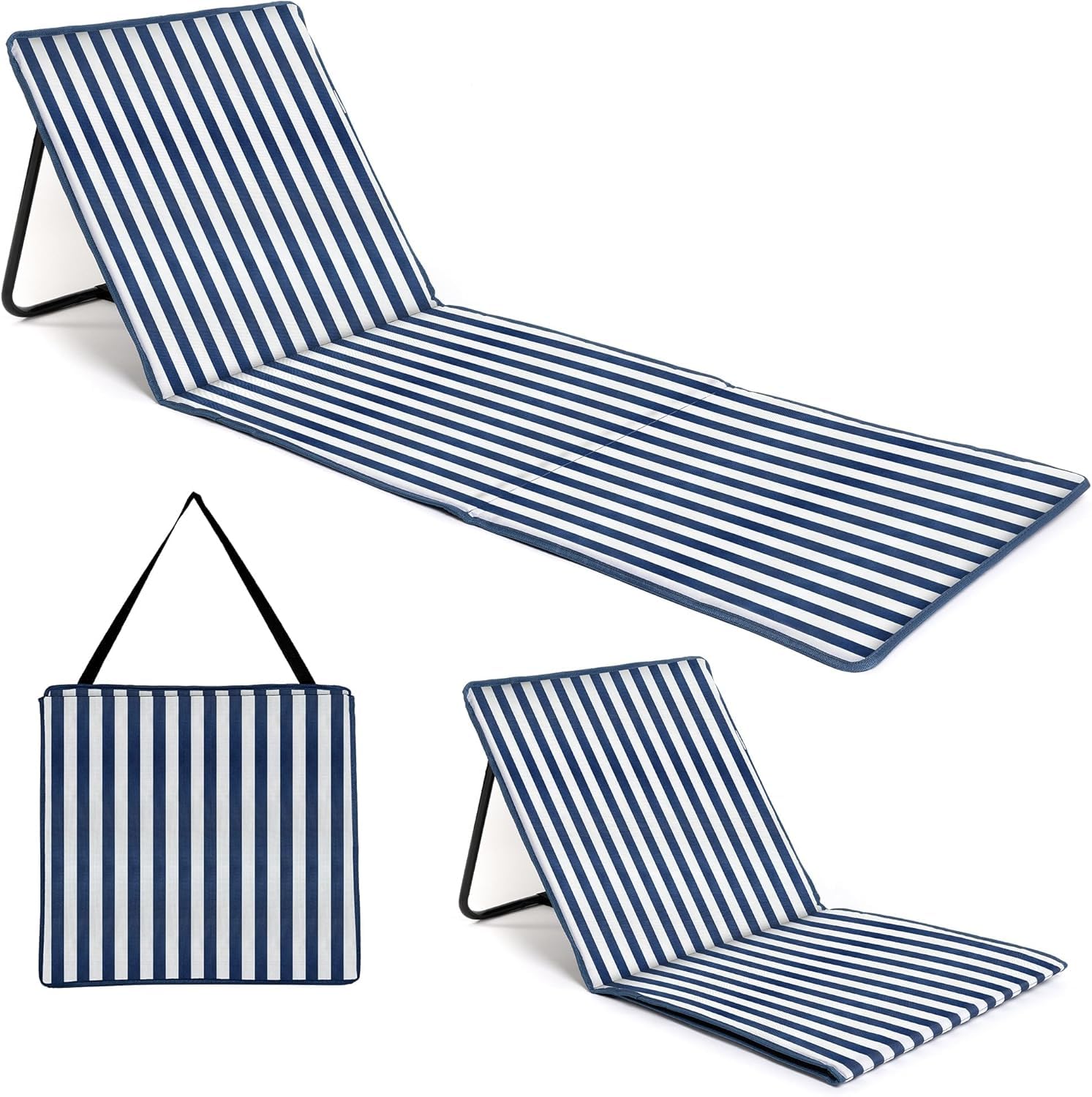 just be... Foldable Beach Mat with Adjustable Backrest – Lightweight Portable Sun Lounger with Zipped Pocket & Shoulder Strap for Beach, Garden, Camping and Festivals | Blue Stripes — image 1
