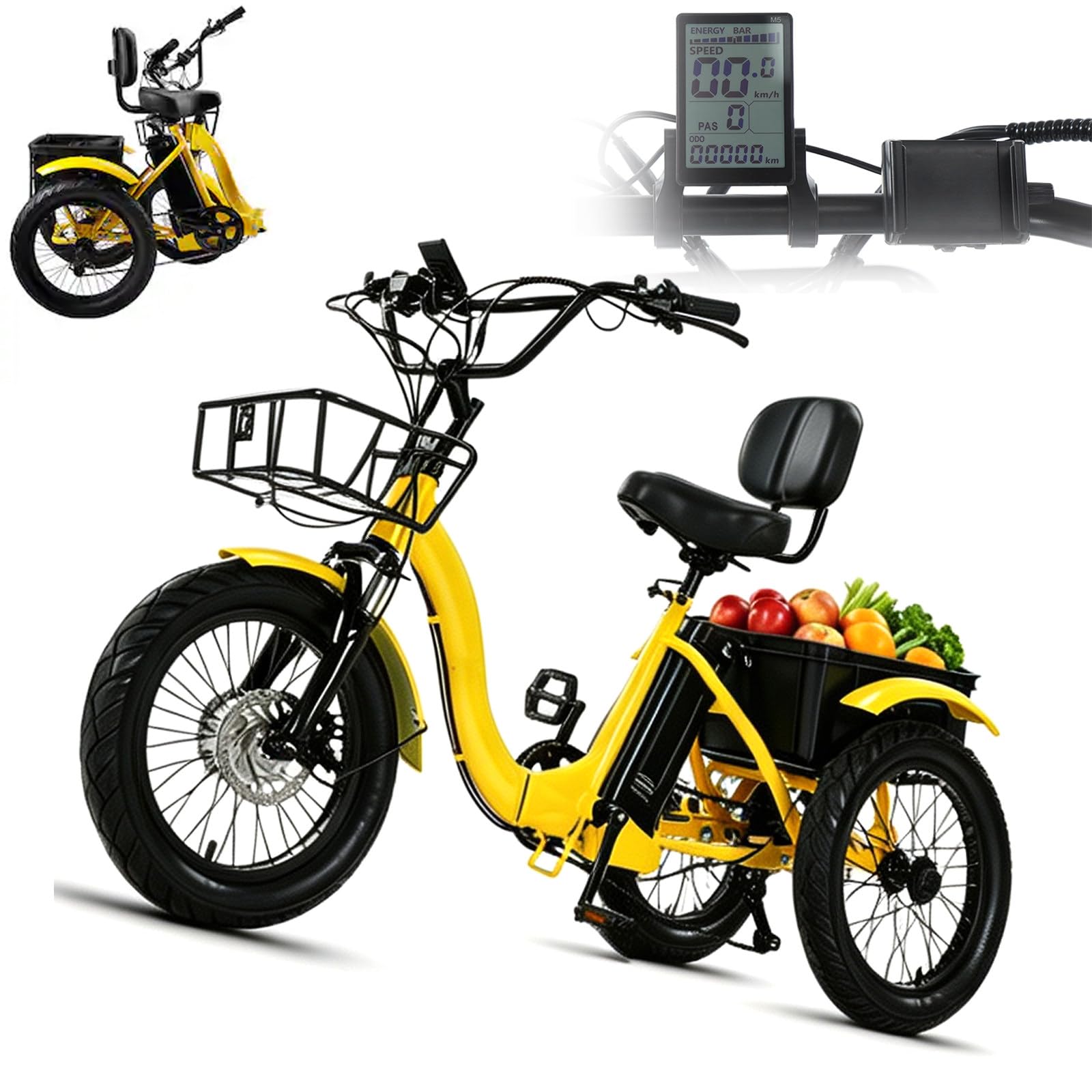 18 E Bicicleta Eléctrica De Tres Ruedas Adultos Plegable para Personas Mayores con Cesta De Carga Neumáticos Anchos para Adultos Y Fácil De Capacidad De Carga De 120 Kg Yellow