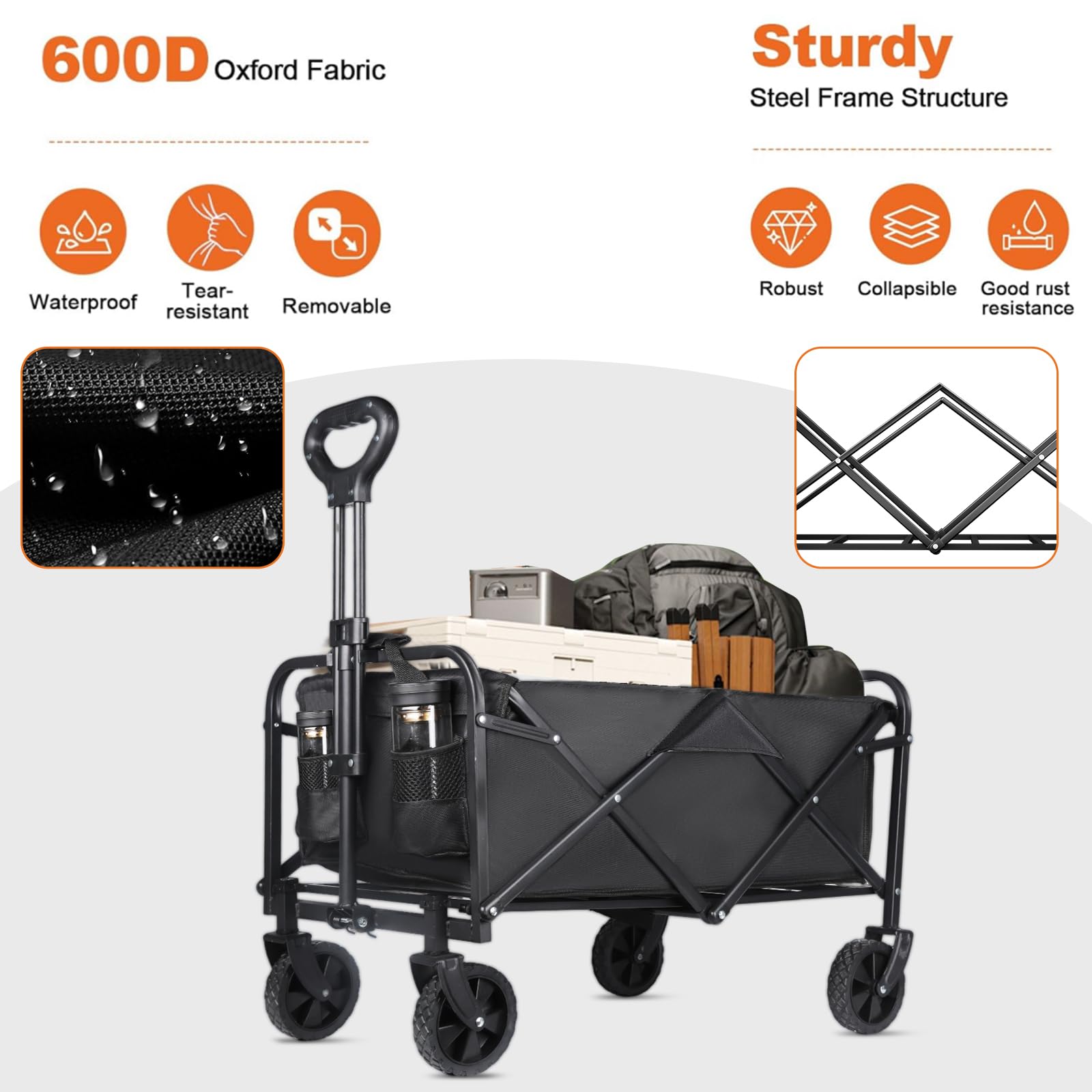 Wózek składany, 100 l, obciążenie 75 kg, koła balustrady 360°, 70 x 43 x 72 cm, składany wózek plażowy z 2 uchwytami na napoje, opony 10 cm, na kemping, plażę, zakupy (czarny)