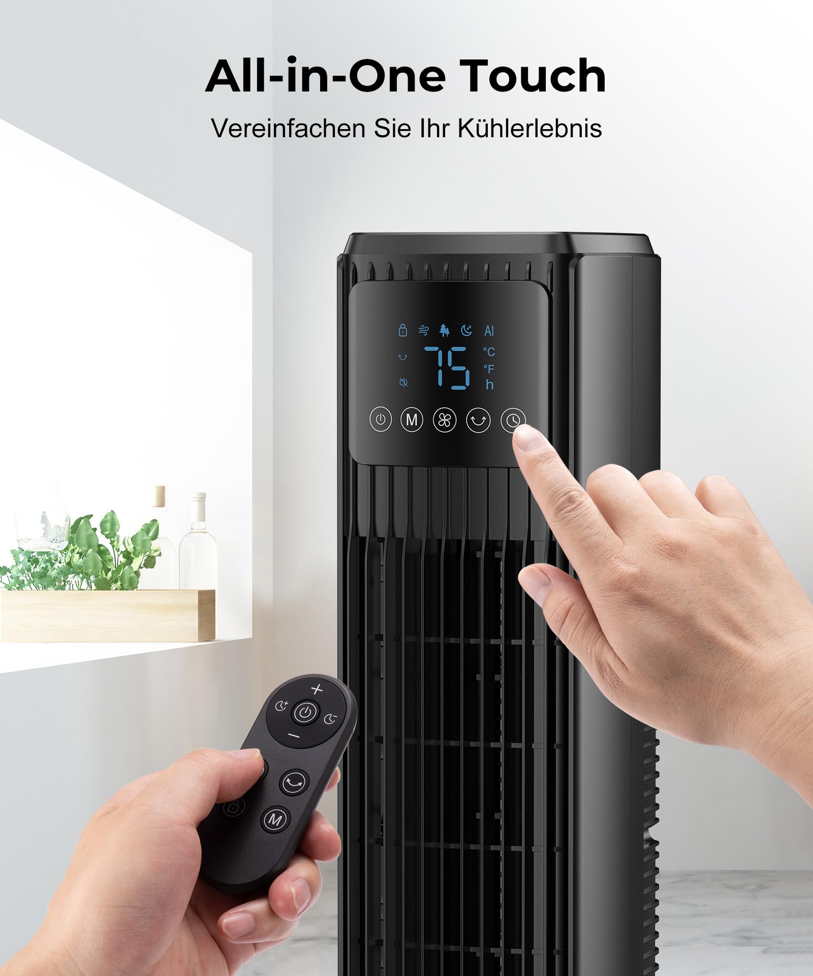 PNTCK Turmventilator, Ventilator leise mit Fernbedienung, 90° oszillierender Standventilator mit 4 Geschwindigkeiten & 4 Modi, 12H Timer, 8 m/s Luftstrom, Ventilator für Zuhause, Büro & Innenräume