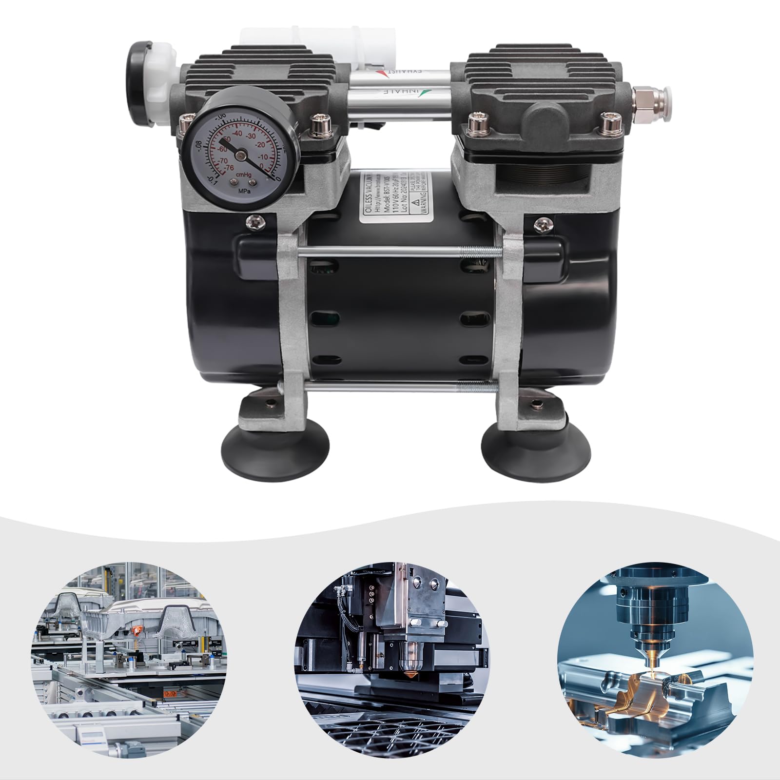 BST-V100S - Bomba de vacío sin aceite de 150 W, bomba de vacío de doble pistón, presión negativa de 90 kPa, presión máxima de 2 bares, ruido ≤ 48 dB, conexión G1/4, para laboratorio