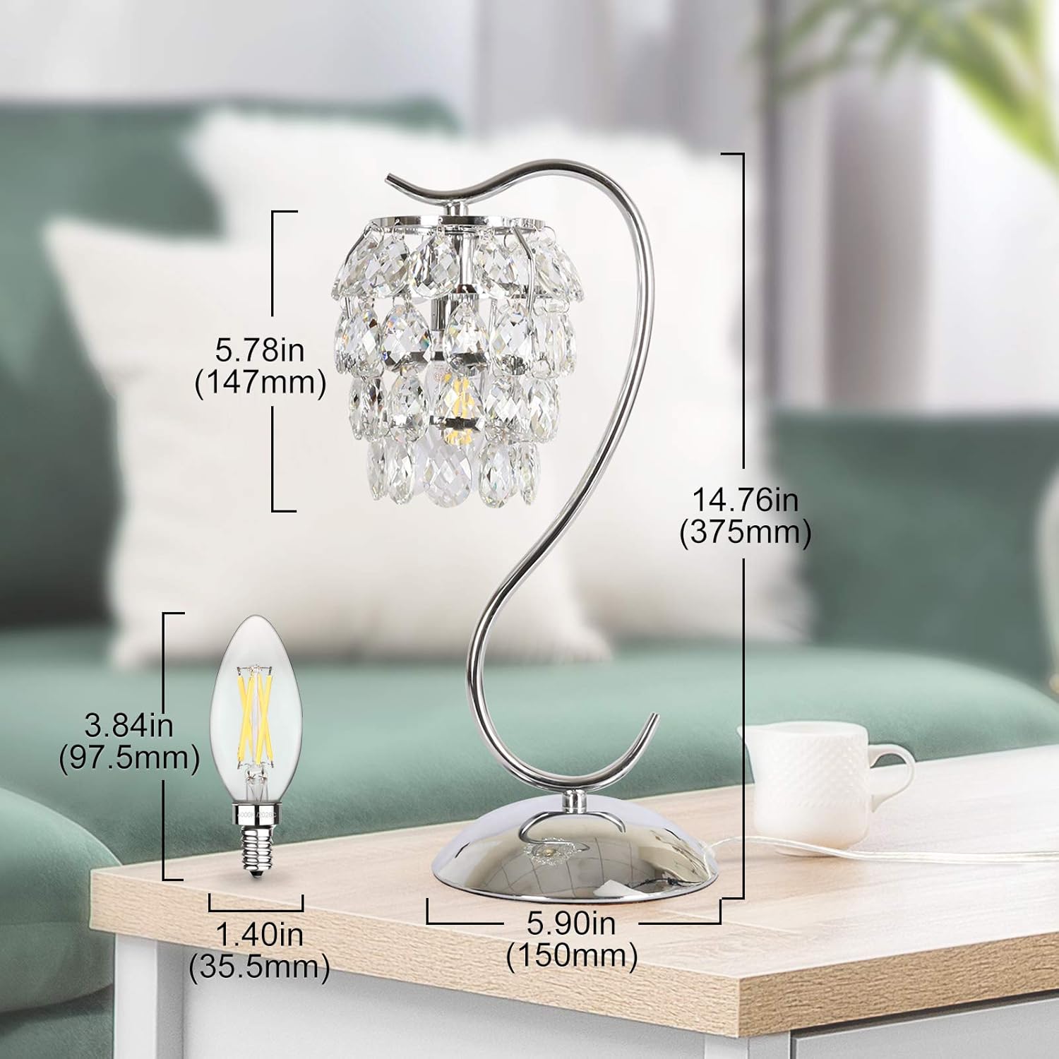 Small Crystal Bedside Lamp, 3 Way Dimmable Touch Control Table Lamp, Modern Nightstand Lamp with Elegant Shade, Silver Metal Base Decorative Lamp for Bedroom, Bathroom, Living Room, LED Bulb Included - - 