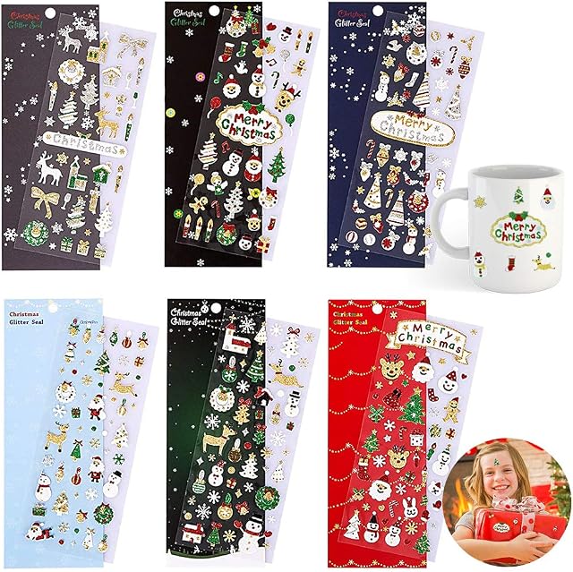 Christmas Stickers, 6 Sheets Personalised Xmas Glitter Decals Scrapbook Stickers, Adhesive Merry Christmas Stickers Arts and Crafts for Kids Adults Scrapbooking Card Making Phone Case Embellishments