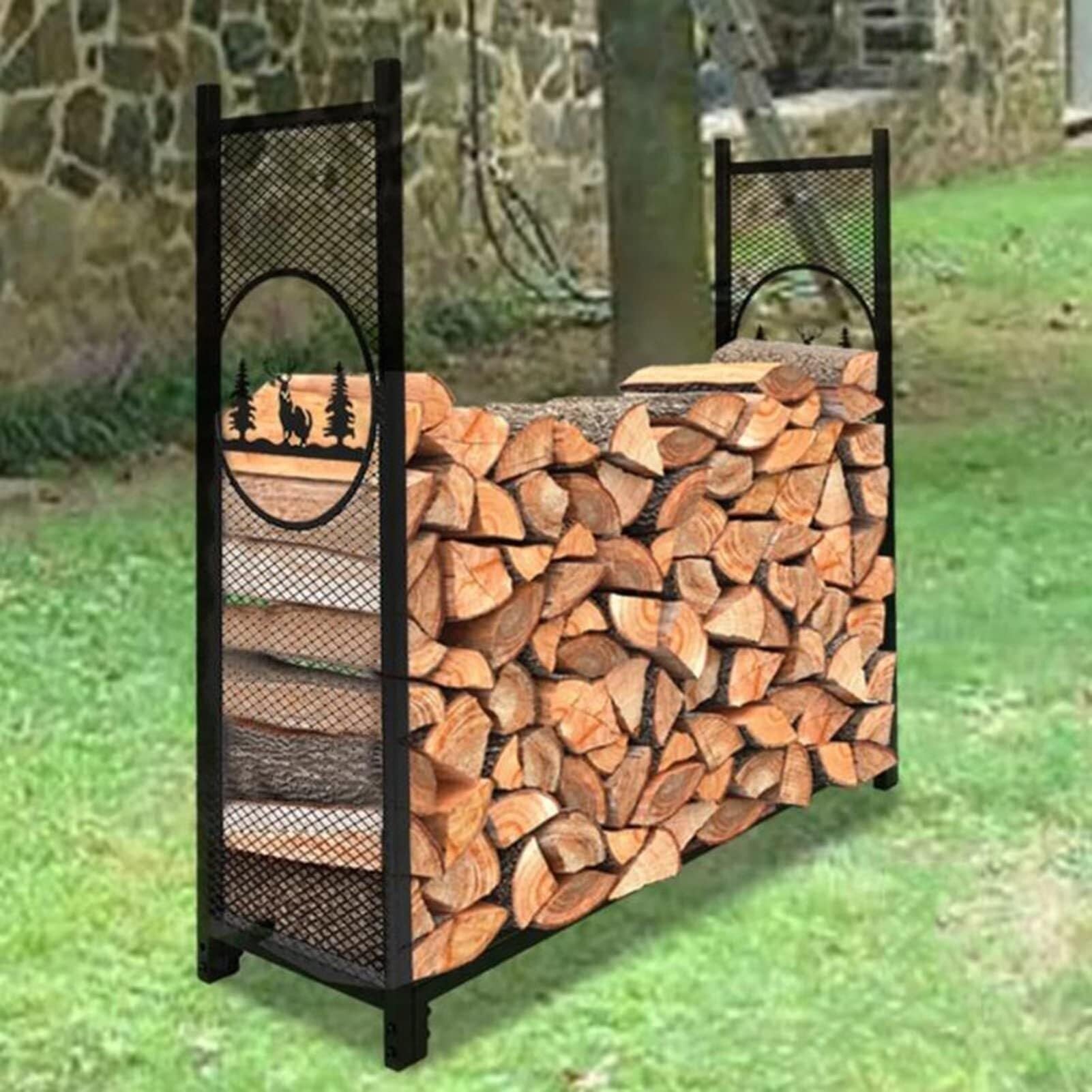 Porte-bûches en métal avec porte-allumettes motif élan pour intérieur et extérieur
