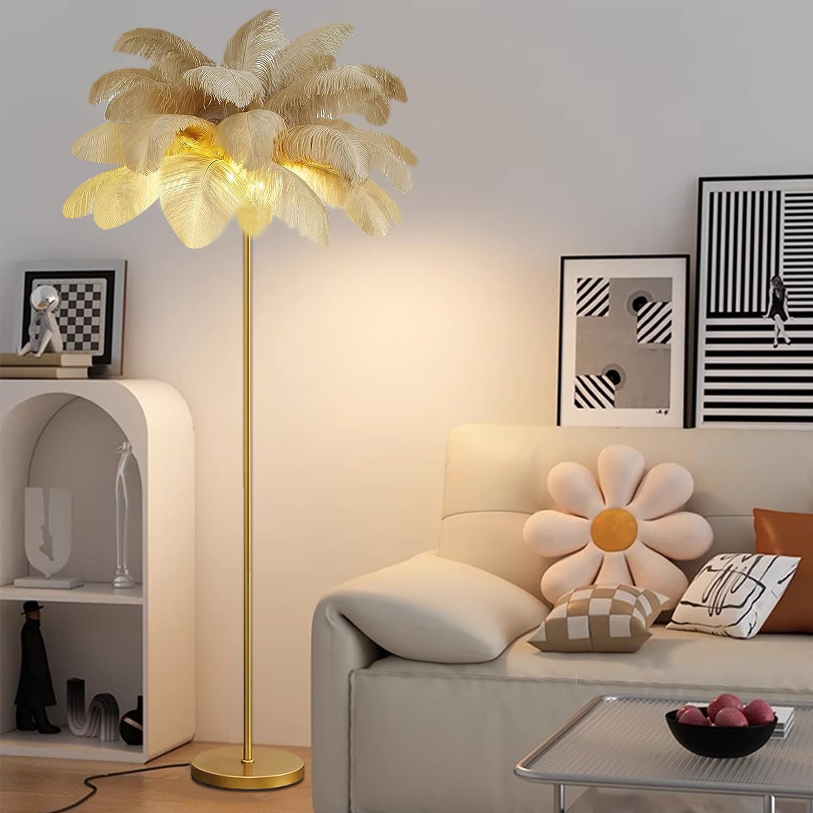 Lámpara de pie pluma led acabado oro con interruptor 8
