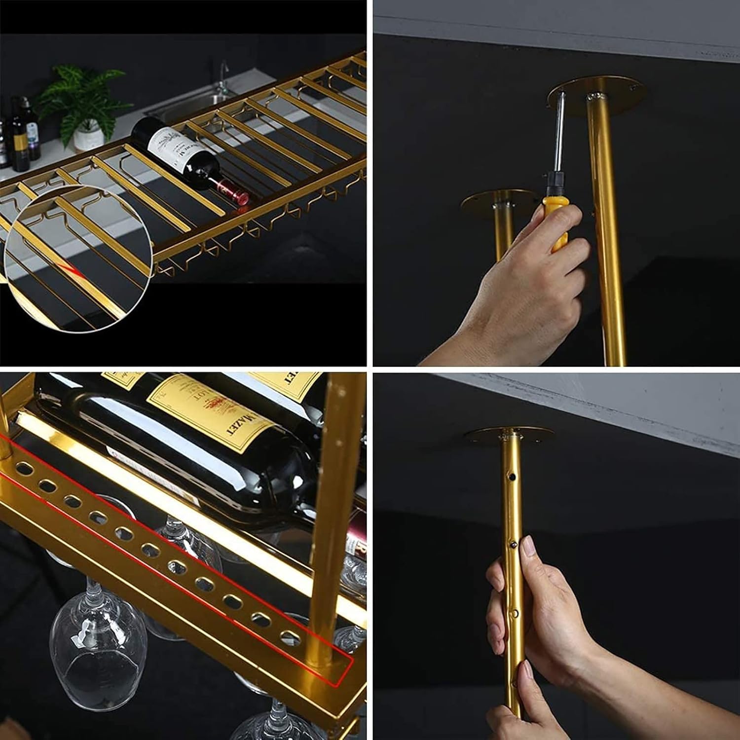 Ceiling Wine Glass Rack Metal Wine Rack,Adjustable Height,Ceiling Mounted Hanging Wine Bottle Holder,Bar Home Restaurants Decorative Storage Shelf