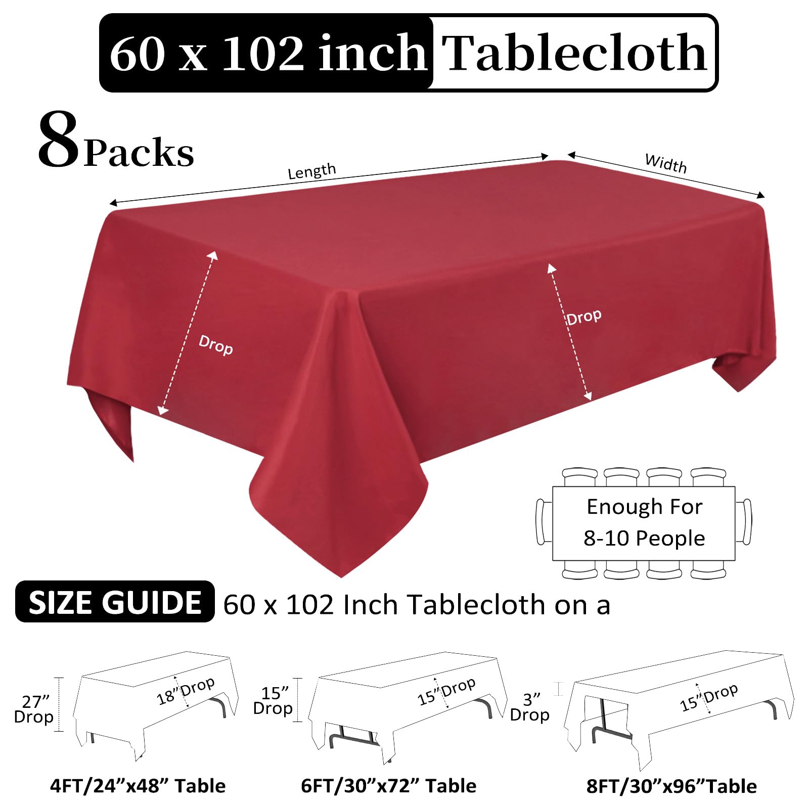 Lot de 8 nappes rectangulaires rouges de 152,4 x 259,1 cm pour tables rectangulaires de 1,8 m, infroissables et lavables, en tissu polyester pour buffet, mariage, fête, banquet