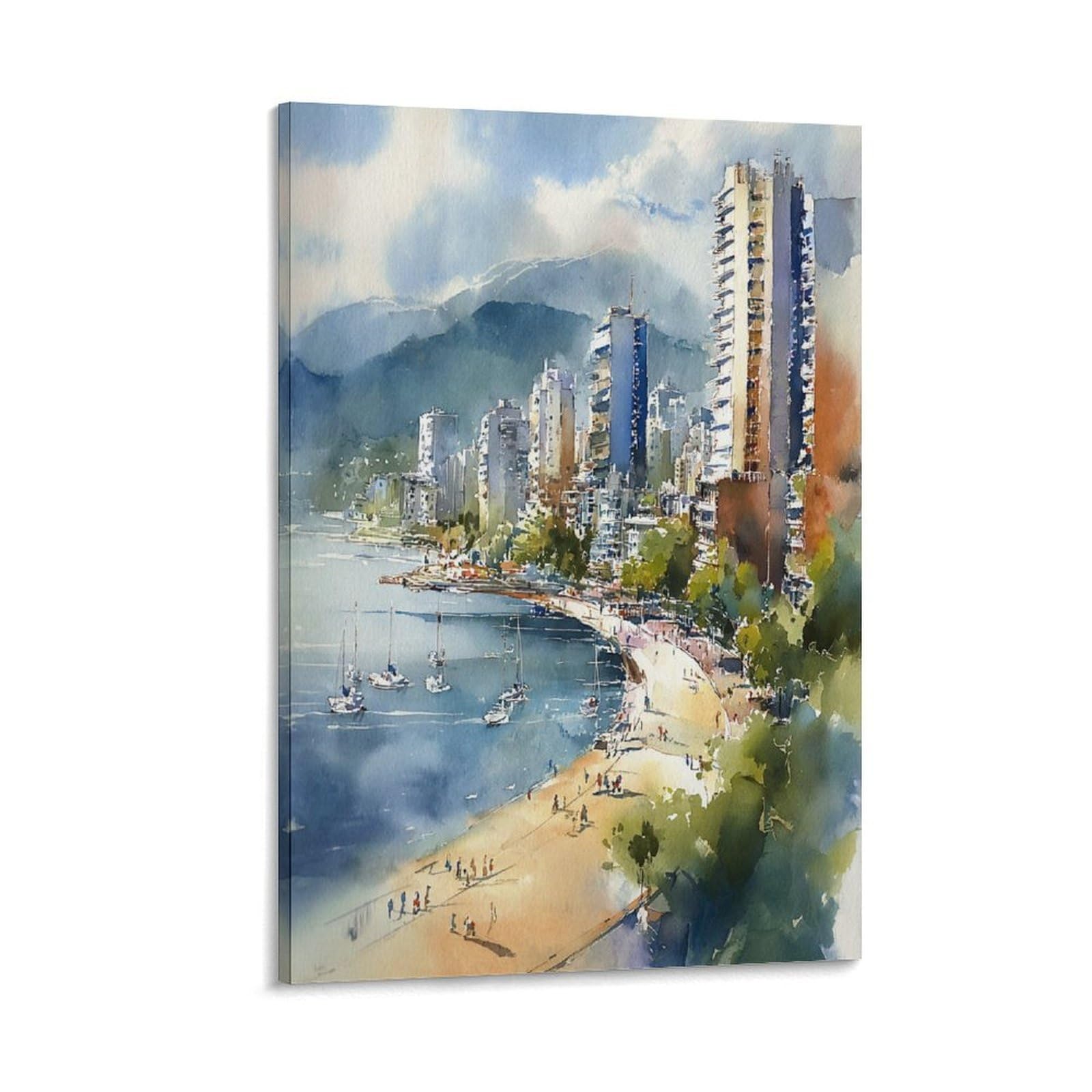 Xwymxz Frame-Style Vancouver Watercolor Beach 20X30inch(50X75cm) Vintage Travel Poster Watercolor Canvas Art