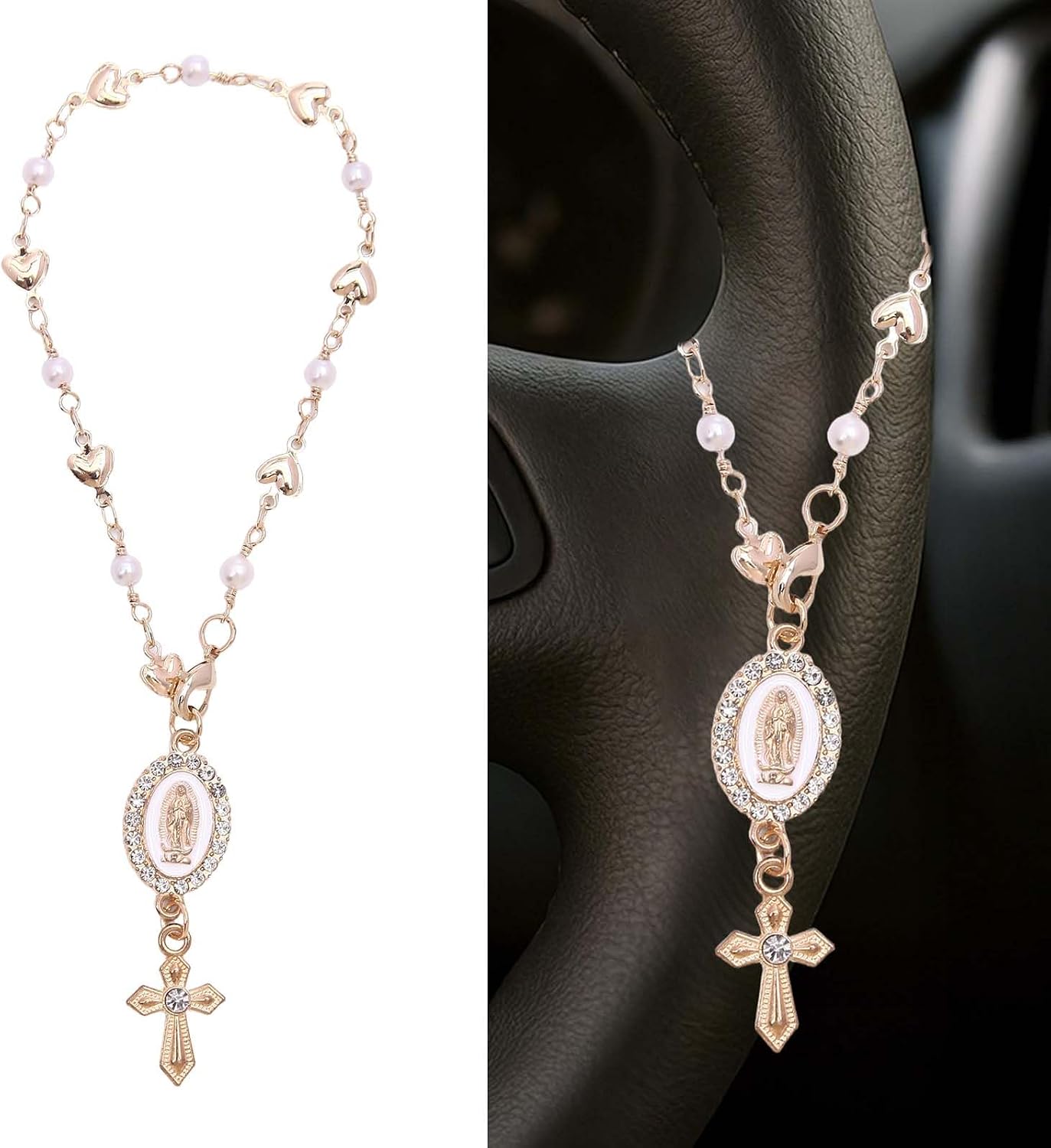 Steering Wheel Rosary Charm, Steering Wheel Accessory with Virgin Mary Charm & Cross, Pearl Heart Chain Catholic Car Interior Hanging Decor (White)