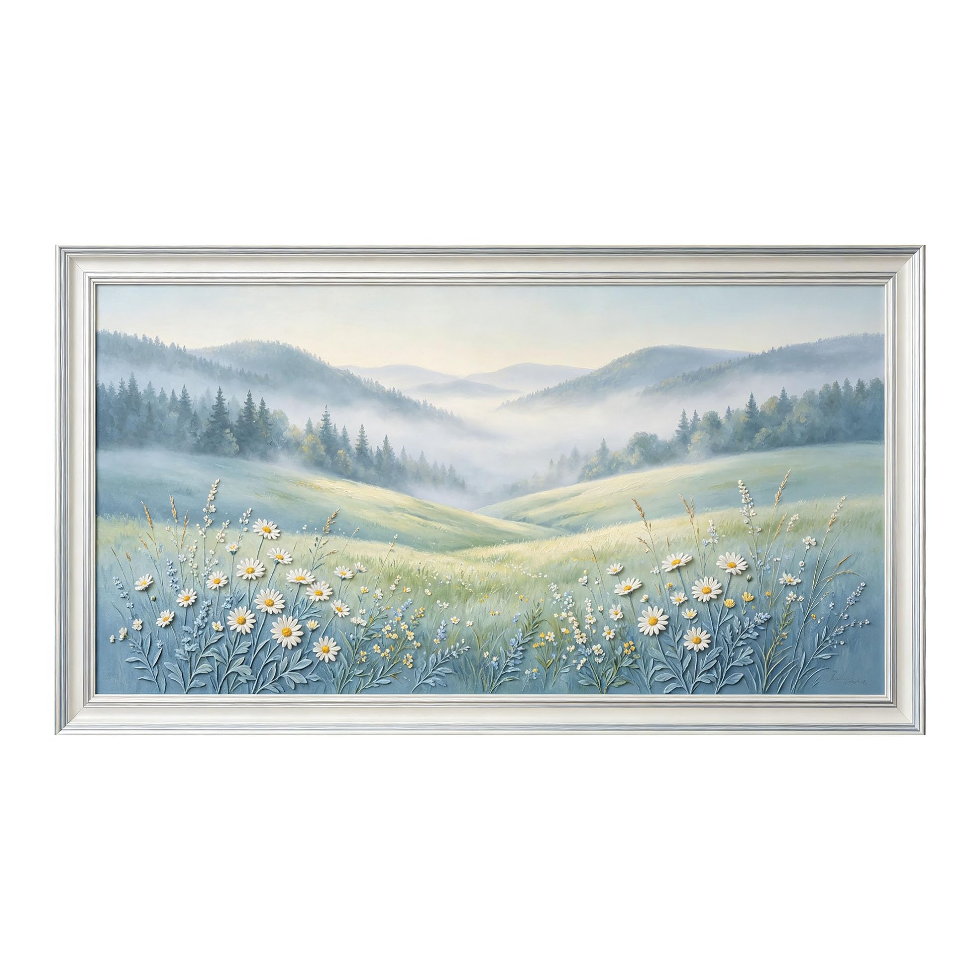 Yzpallescene 3D Framed Wall Art 50cm×100cm Misty Mountain Botanical Meadow Impressionist Oil Painting Large Size SelfAdhesive Removable Wall Decor Prints Artwork for Living Room Bedroom Office