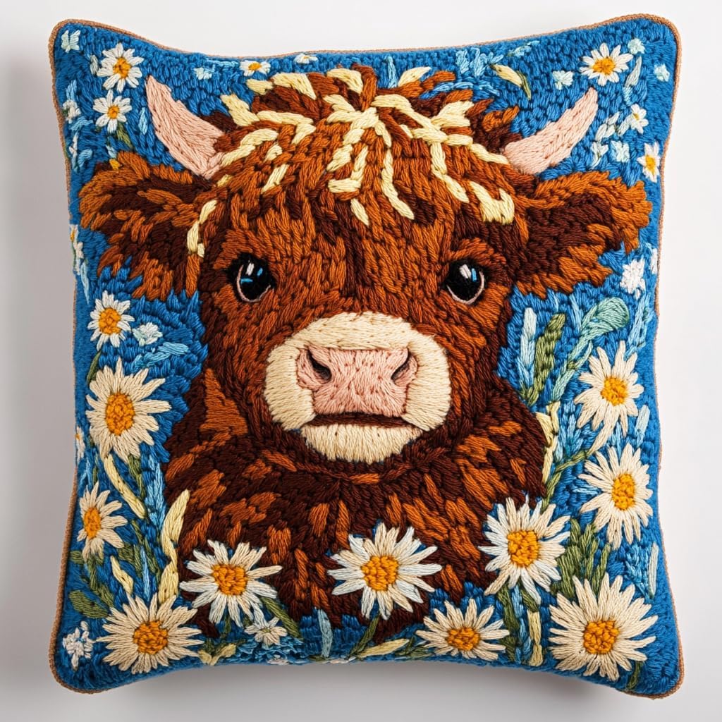 DIY Punch Needle Pillow Kit Cute Highland Cow Daisy Flowers with Pattern and Hoop Handmade Embroidery Punch Needle Starter Pillowcase Set for Home Sofa Decor 43x43cm-1-31