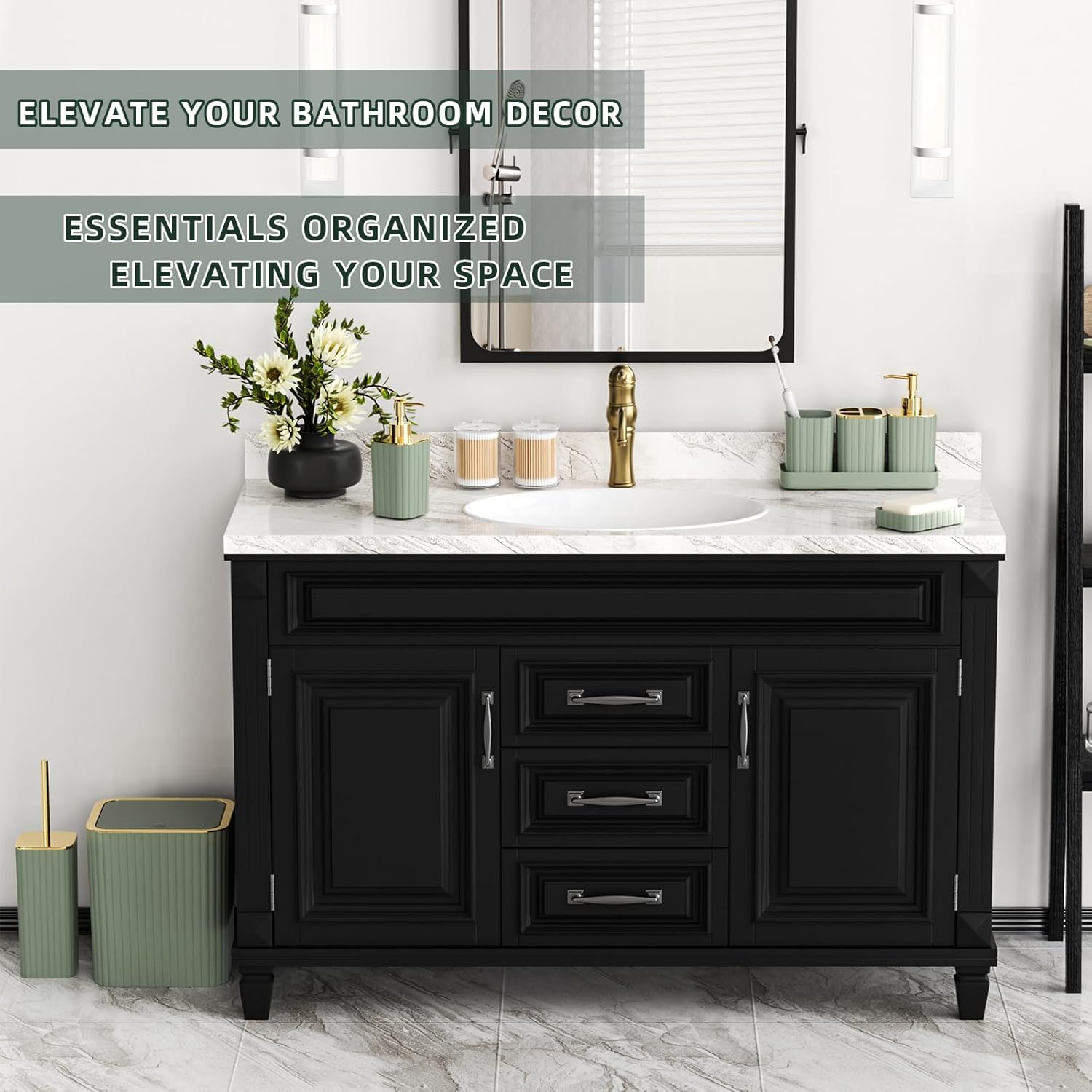 Bathroom Accessories Set - Gorgeous Bathroom Set, 10PC Sage Green Bathroom Accessory Set, Toilet Brush, Trash Can & Soap Dispenser