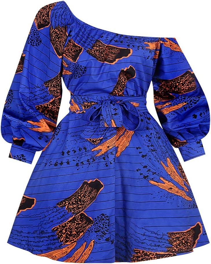 Vimoisa レディース セクシー ボヘミアン ショートドレス ワンショルダー 斜めネックドレス プリーツドレス 花柄プリント 長