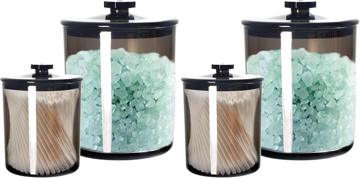 Youngever Black Plastic Apothecary Jars, Qtip Holder, Cotton Swab Holder, Bathroom Vanity Organizer for Cotton Balls, Cotton Pads, Qtips (1 Set 15 Ounce & 1 Set 60 Ounce) (Pack of 2)