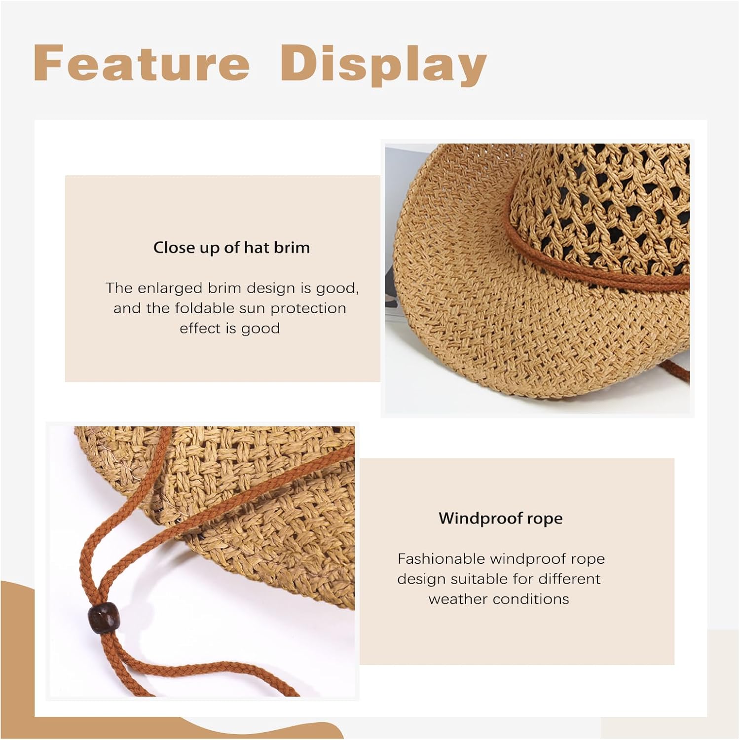 Straw Cowboy Hats Western Cowgirl Hat for Women/Men Foldable Wide Brim Cowboy Hat Travel Vacation Beach Sun Hats - Image 4