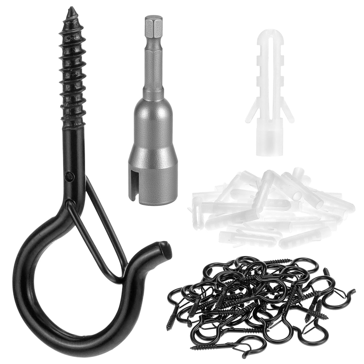 QWORK 31 PCS Hooks with Safety Buckle, 40 lbs Load Screw Hooks for Hanging Plants, Outdoor String Lights, with Wing Nut Driver