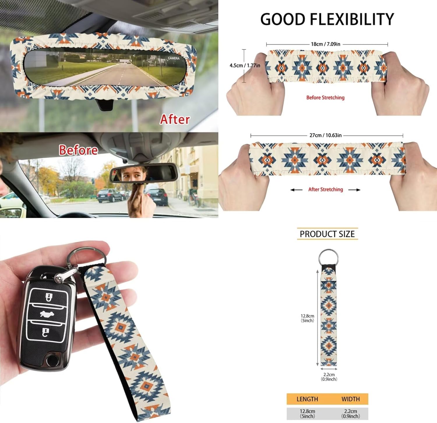 Wanyint 12 PCS Auto Accessories Car Seat Covers Set, with Steering Wheel Seat Belt Armrest Rear View Mirror Cover Trash Bin Sunglass Pocket Coaster Key Chain, Southwest Aztec Blue Orange