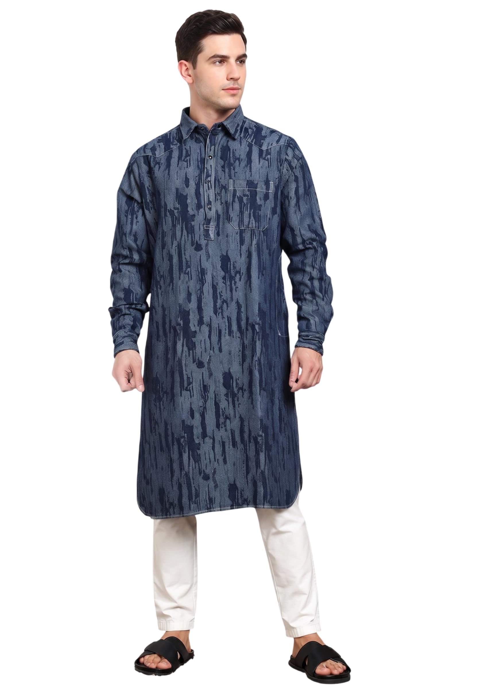 karnam Men's Denim Pathani Kurta | Regular Fit Full Sleeve Traditional Ethnic Wear | Collared Neck Casual Kurta for Festive, Party, Wedding & Everyday Wear-picture-1