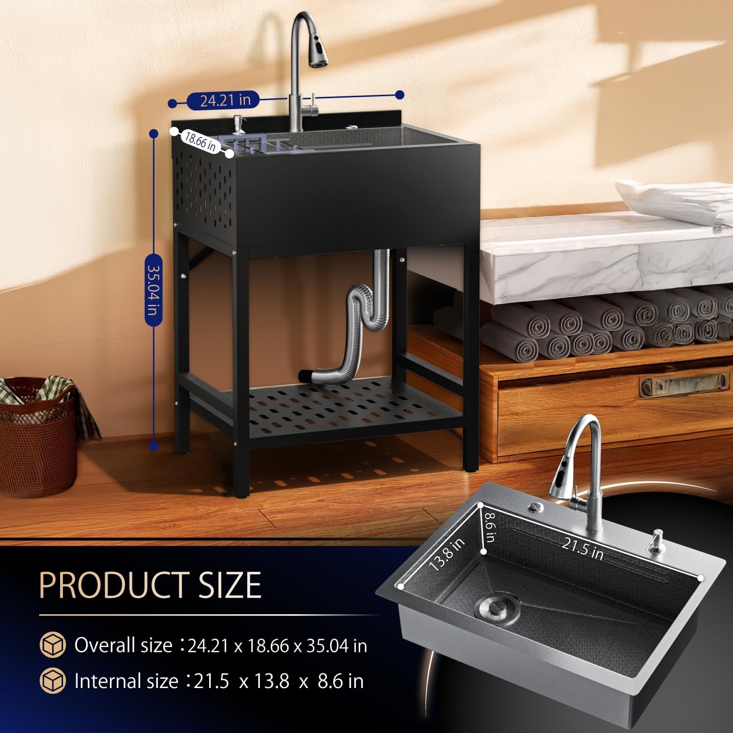 24 Inch Stainless Steel Utility Sink, Freestanding Commercial Sink with Pull-out Faucet,Heavy Duty Single Bowl Laundry Sinks for Garage,Kitchen,Outdoor, 24.21"L x 18.66"W x 35.04"H,Black