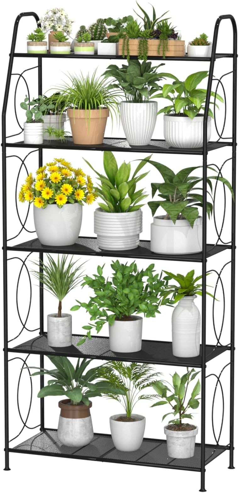 5 Tier Plant Stand Indoor Outdoor, Heavy Duty Plant Shelf, Metal Mesh Tall Plant Stands Holder Rack for Living Room Balcony and Garden, Black