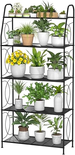 Soporte para plantas de 5 niveles para interiores y exteriores, estante resistente para plantas, de malla metálica, soporte alto para plantas