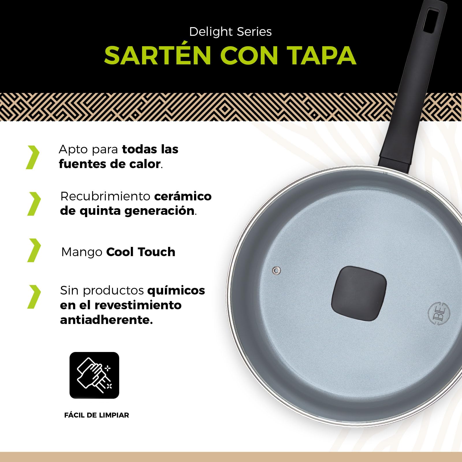 Be Living Sartén con tapa – Ø 28 cm – Sartén honda – Cerámica – Inducción – Sin PFAS – Antiadherente – Serie Delight