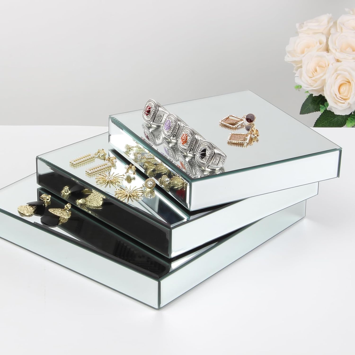 Square Mirror Reflection Display Platform Riser Stand, Silver Mirror Purses Shoe Table Centerpiece Display Stand Shelf for Decorative Pieces, Glam Accent Dessert Jewelry Showpeice Display Rack