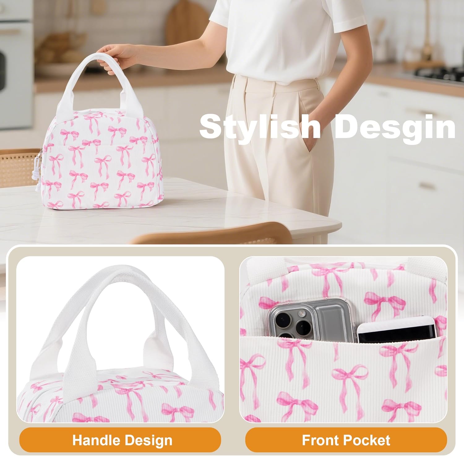 Lunch Bag for Women Ribbon Bow Insulated Lunch Box Reusable Cooler Bag Portable Cute Corduroy Leakproof Tote Bags for Travel, Work, and Picnic - Image 3